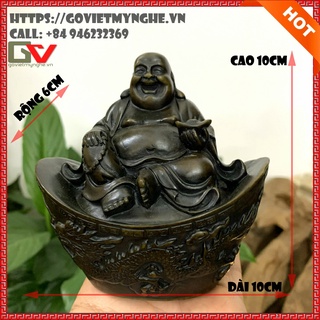 Tượng phật di lặc trang trí tượng Phật Di Lặc ngồi trên thỏi vàng chạm khắc hình Long - Phụng - Cao 10cm - nâu đen
