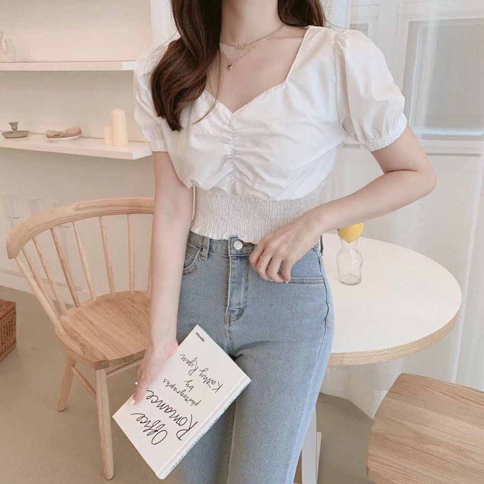 Áo Sơ Mi Tay Phồng Cổ Chữ V Phong Cách Hàn Quốc Mẫu Mới