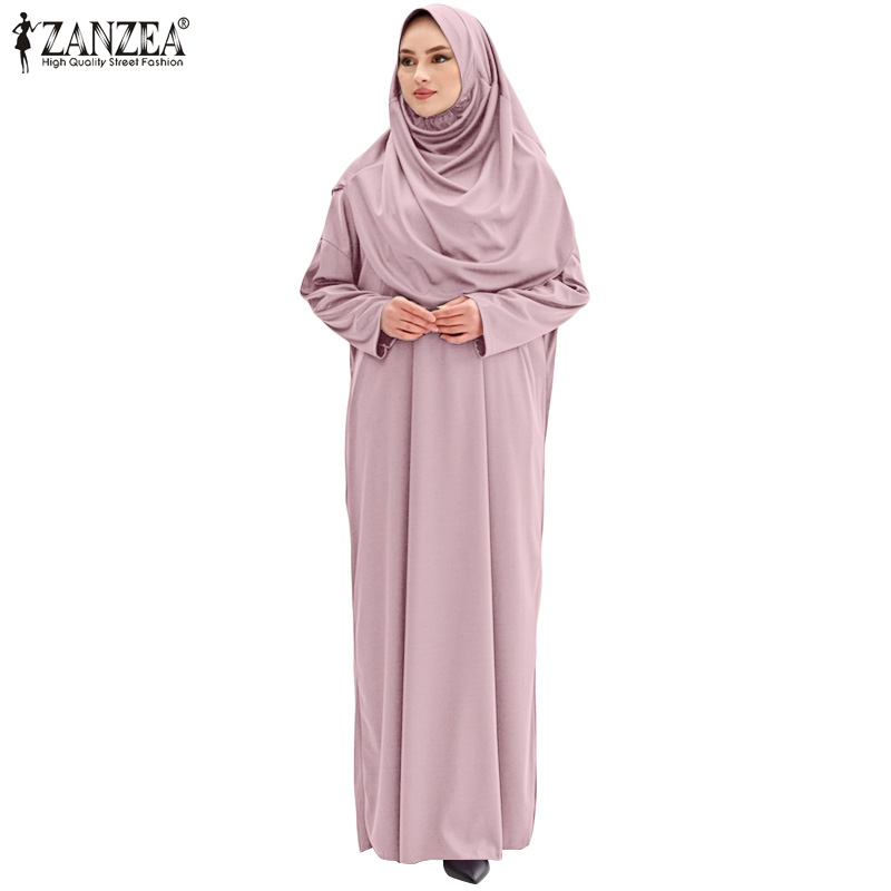 ZANZEA Đầm maxi dài tay cổ chữ O màu trơn với khăn choàng cổ dành cho phụ nữ Hồi giáo