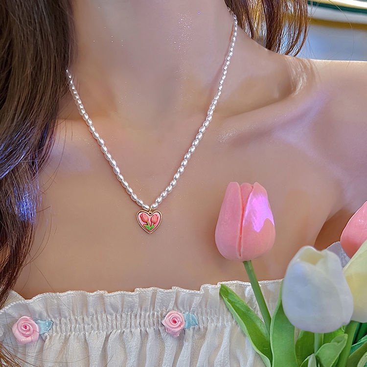 Bộ Vòng cổ + Bông Tai Hình Hoa Tulip Đính Ngọc Trai Thời Trang Cho Nữ