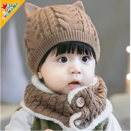 Set mũ len và khăn len ống quàng cổ 2 cúc (mũ có 2 tai mèo kute) lót lông cực ấm cho bé từ 6m-3y (loại đẹp)