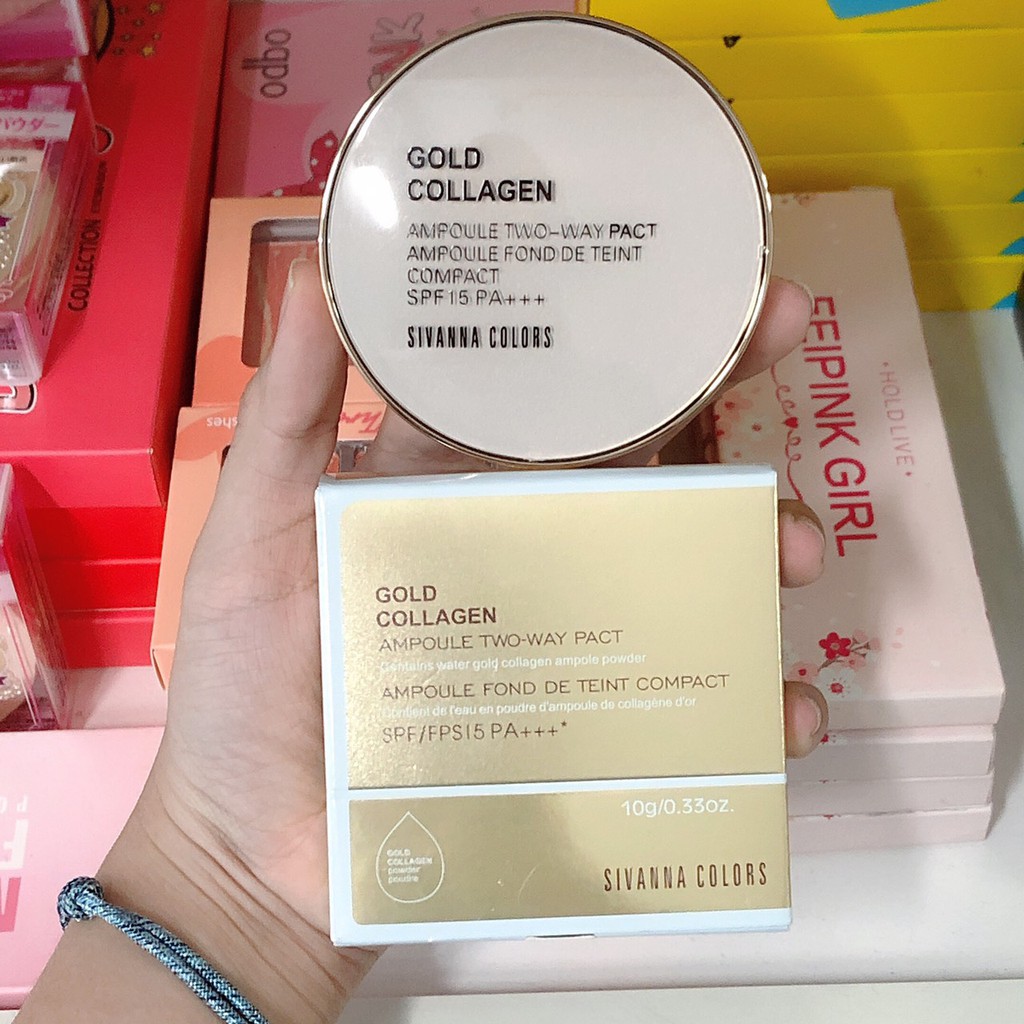 Phấn nén siêu mịn Sivanna Colors Gold Collagen Ampoule Two Way Pact SPF 15 PA++ | BigBuy360 - bigbuy360.vn