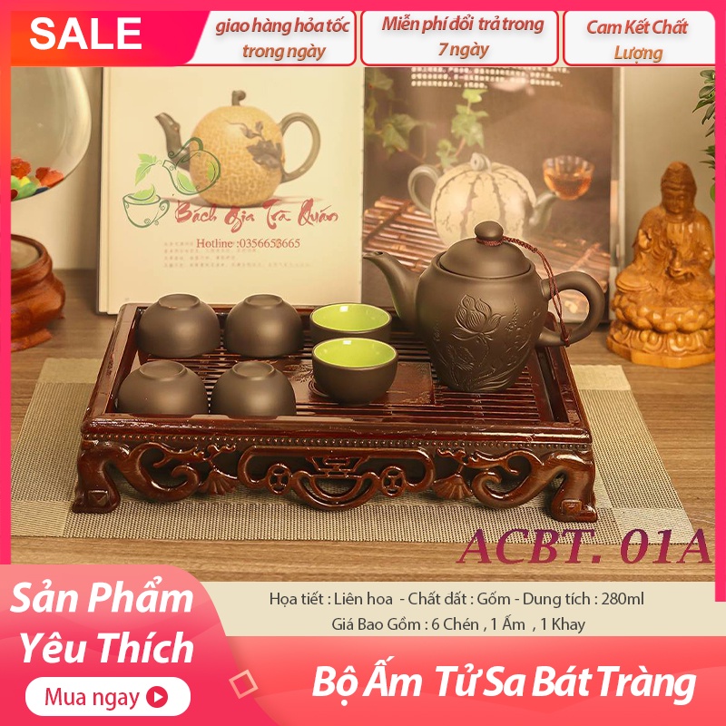 Bộ Ấm Chén Siêu Đẹp Kèm Khay - Hàng Tử Sa Bát Tràng Loại 1 - Chế Tác Thủ Công - ACBT.01A