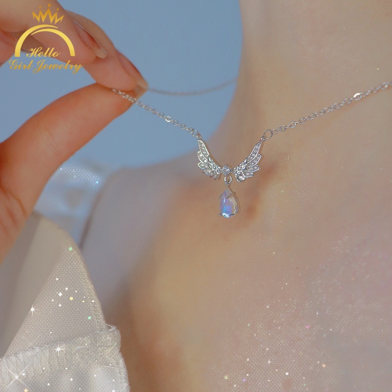 Vòng cổ Ahellogirl mạ bạc 925 mặt hình đôi cánh đính đá zircon đơn giản phong cách Hàn Quốc