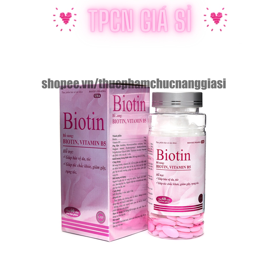 Viên mọc tóc Biotin bổ sung Vitamin b5 giúp giảm rụng tóc, đẹp da, chắc móc, đẹp móng - Chai 60 viên