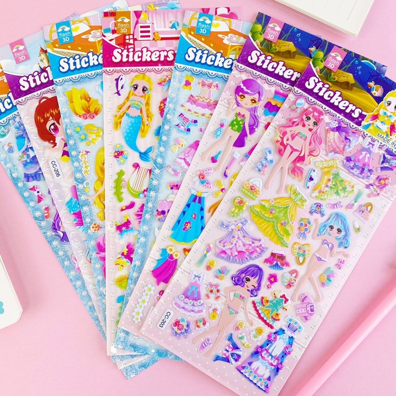 Tấm Dán Sticker  3D Thay trang phục búp bê Nhiều Mẫu