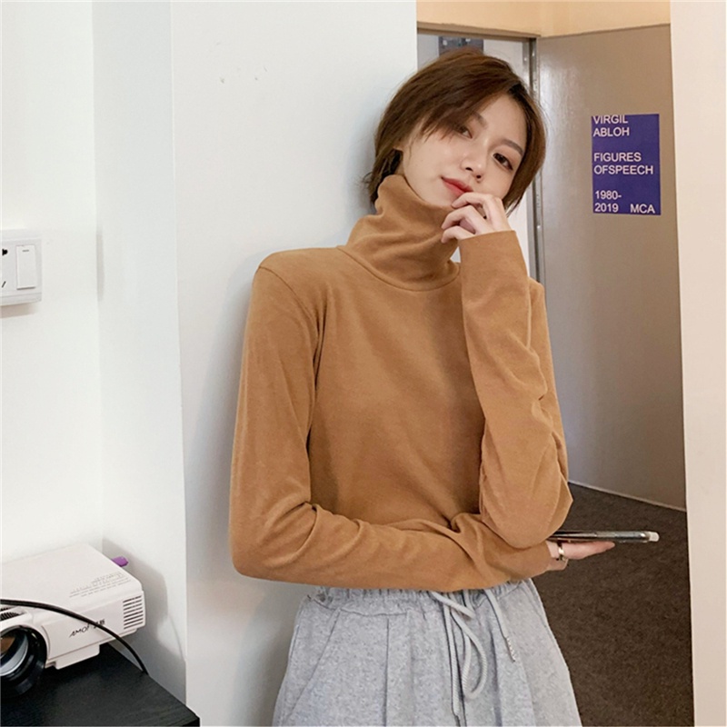 SUXI Áo Thun Dài Tay Cổ Cao Màu Sắc Đơn Giản Cho Nữ