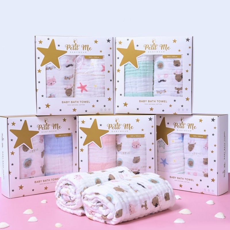 Set 2 khăn tắm kháng khuẩn 100% cotton Petit Me [OH BABIES]