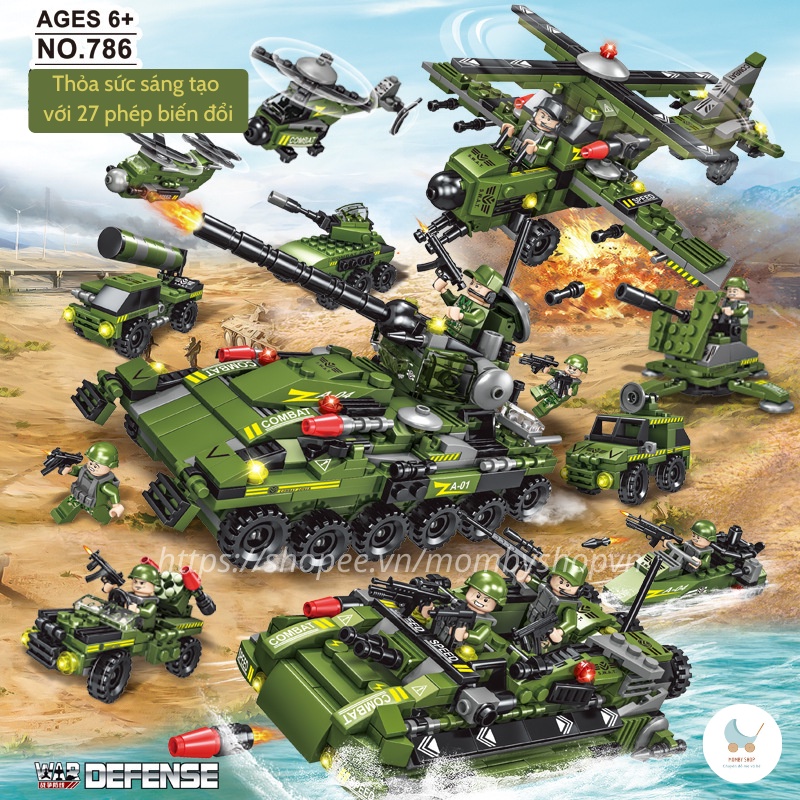 Bộ đồ chơi Lego xếp hình xe tăng, xe bọc giáp, Mô hình lắp ráp xe chiến đấu quân độ, Hơn 800 chi tiết với 27 tạo hình