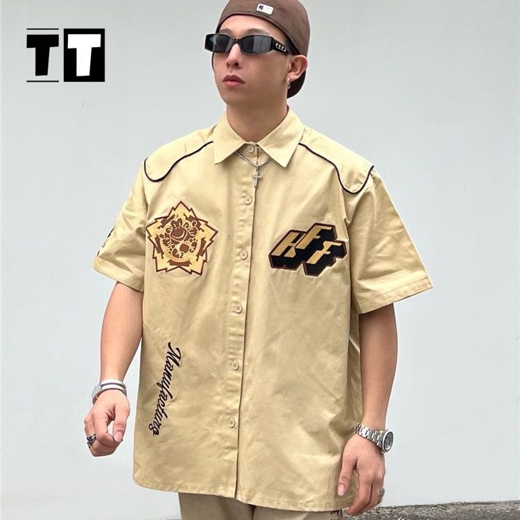 Áo sơ mi nam hàn quốc thể thao đường phố hàn quốc unisex áo sơ mi ngắn tay LOGO huy hiệu thêu cổ điển áo sơ mi kaki
