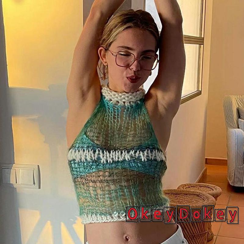 OKDK-Women Vintage Patchwork Knitted Tank Top Y2K Cutout Cropped Summer Beach Holiday Mini Vest Fashion Clothes