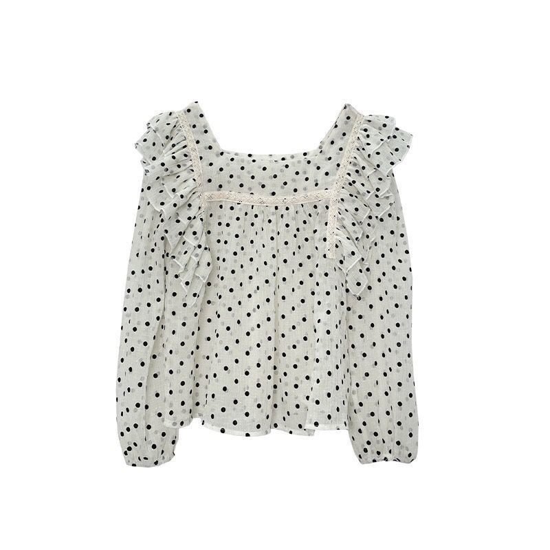 Áo Sơ Mi Dài Tay Phối Bèo Phong Cách Hàn Quốc 156231 Áo Chiffon Cổ Vuông Dáng Rộng Phối Ren Họa Tiết Chấm Bi Thời Trang