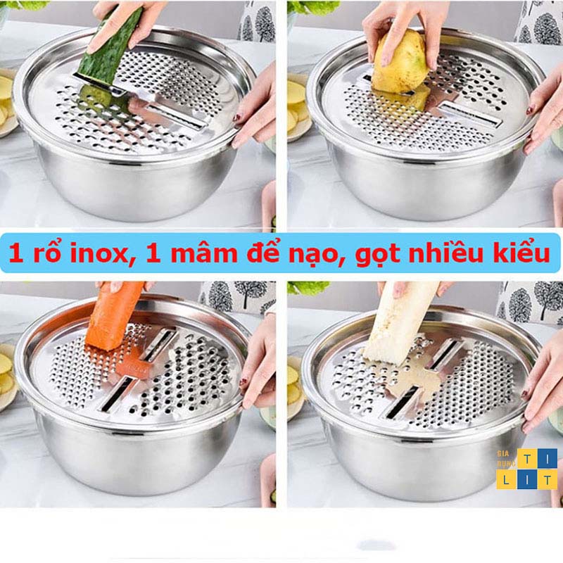 Bộ rổ và chậu inox kèm mâm nạo và gọt vỏ rau, củ, quả 3 trong 1 đa năng, tiện dụng, tiết kiệm [RỔ 3]