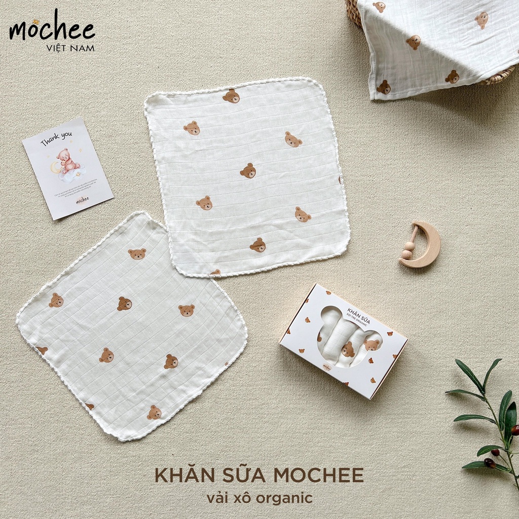 Set 6 Khăn Sữa MOCHEE Hình Gấu Dễ Thương Vải Xô Sợi Tre Organic An Toàn Cho Bé 30x30cm