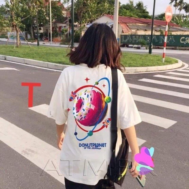 Áo phông tay lỡ in hình Hành tinh Donuts nhiều màu