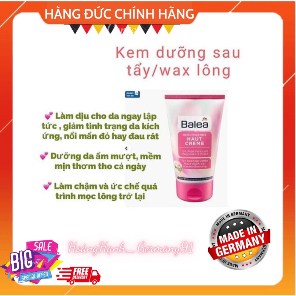 Kem tẩy lông và kem dưỡng sau wax làm dịu da Balea, tẩy lông và ức chế mọc lông Balea