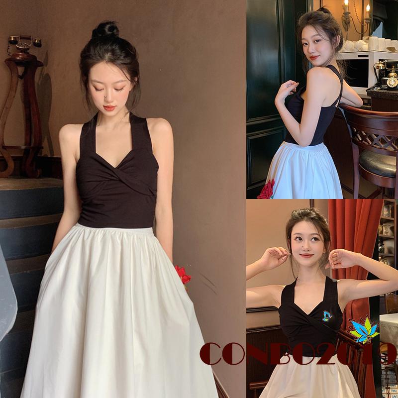 Áo Hai Dây Dệt Kim Cổ Chữ V Màu Trơn Thời Trang Cho Nữ