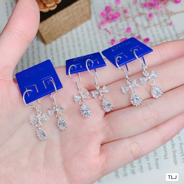 Bông tai đá nơ treo chuẩn bạc ta trắng sáng