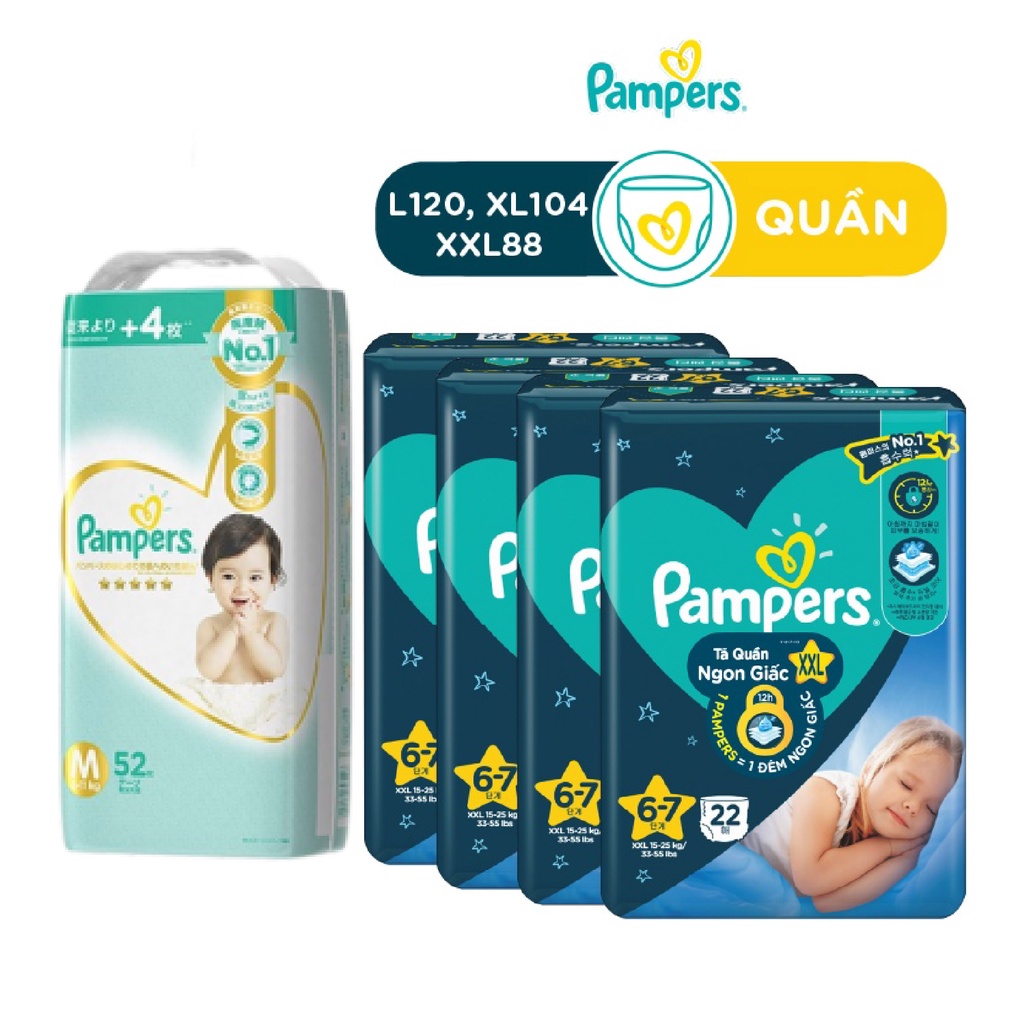 Combo Tã/ Bỉm Quần Pampers ngủ ngon ban đêm Nội Địa Nhật  XXL22 - Túi Tã Dán Pampers M52 miếng (Cam 