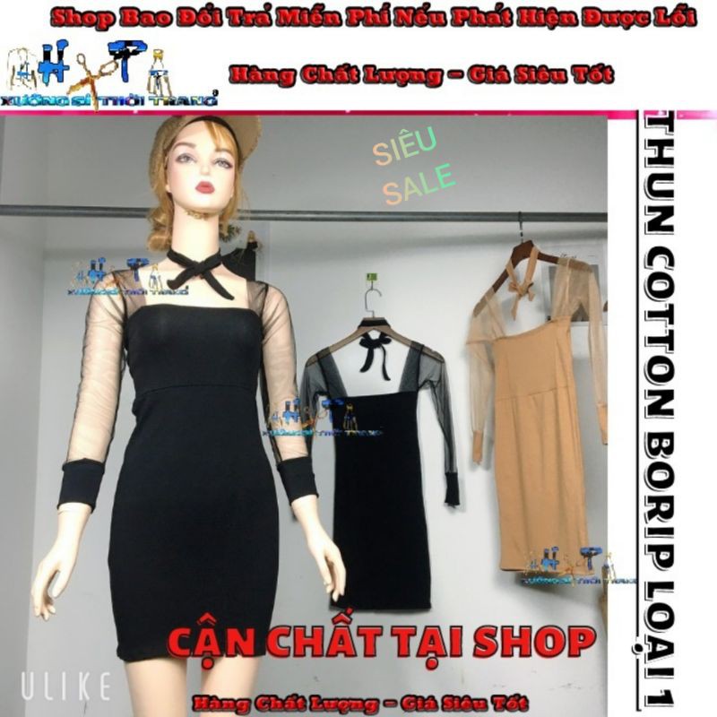 Đầm Ôm Body Nữ Cột Nơ Cổ Tay Phối Lưới Thun Cotton Borip Loại 1 Cao Cấp Siêu Hottrend 2020 - Hàng Có Sẵn