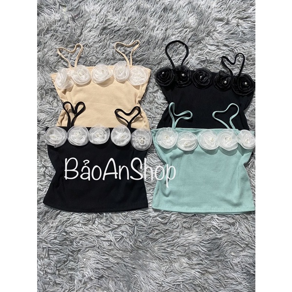 Áo 2 dây phối hoa to form ôm body croptop chất vải thun gân len 4 chiều FreeSize feedback - Bảo An Shop hot top
