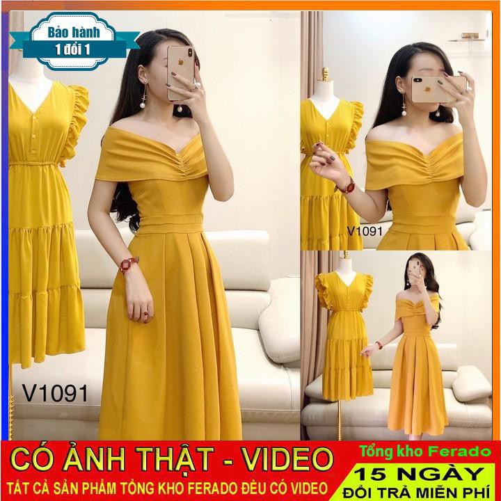[ xả kho ] MiD Đầm vàng trễ vai hàng thiết kế V1091 Mie Design ảnh thật