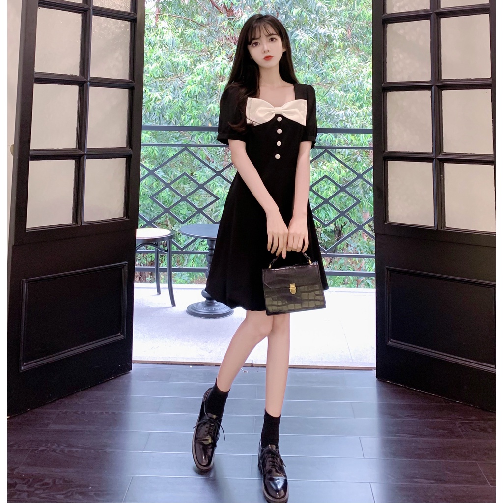 Đầm Perty dáng ôm đính nơ phong cách retro Hàn Quốc dành cho nữ