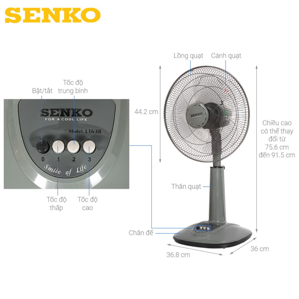 Quạt lửng cây đứng Senko L1638, công suất 47w, 3 tốc độ gió cực mát không ồn, Bảo hành 12 Tháng