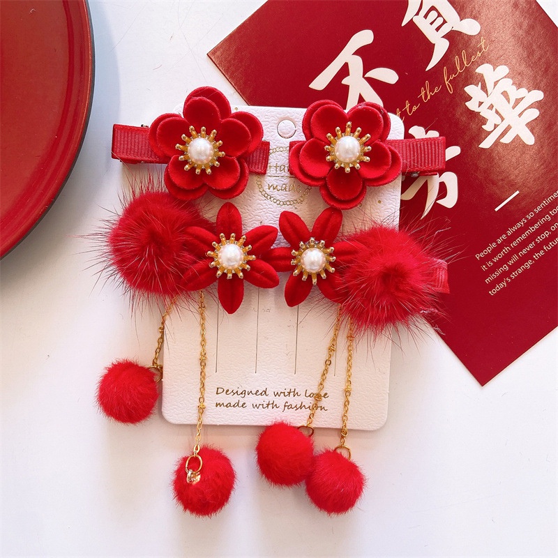 Set 4 kẹp tóc tua rua màu đỏ chủ đề năm mới xinh xắn cho bé