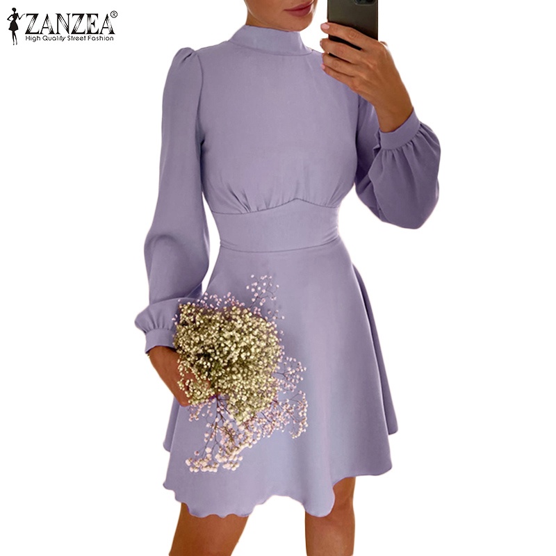 Đầm midi ZANZEA cổ rùa tay phồng ôm eo thời trang cho nữ