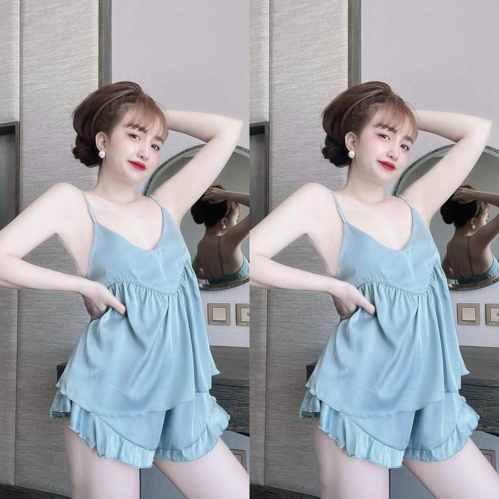 Đồ ngủ sexy 2 dây quần bèo chất liệu satin mềm mại , thoáng mát họa tiết trơn freesize dưới 58kg