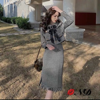 Sét dạ kẻ caro đen trắng kèm nơ áo và chân váy dáng dài siêu sang