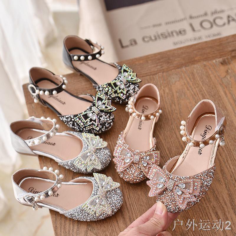 giày nữ trẻ em mới 2021 công chúa rhinestone mùa xuân Hàn Quốc phiên bản Bé gái biết đi nơ da khiêu vũ biểu diễ