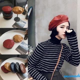 ❀ℳay-2019 New Girl female PU leather beret peas skull cap retro military soldier military cap fashion new