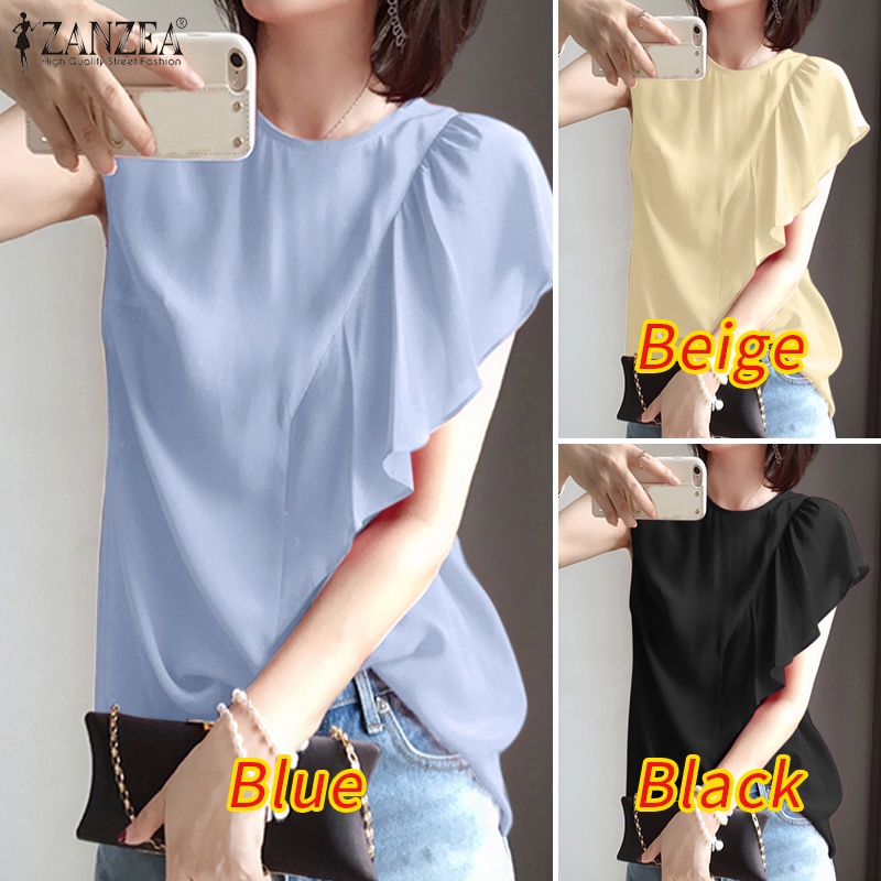 Zanzea Áo Kiểu Cổ Tròn Tay Phồng Phối Bèo Và Nút Sau Lưng Thời Trang Cho Nữ