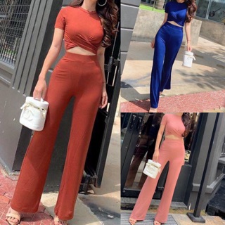 SET Áo thun croptop xoắn eo + Quần ống loe du lịch