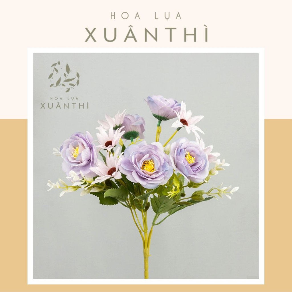 Cành hoa hồng nhí trang trí màu hồng, tím, xanh - Hoa giả hoa lụa Hà Nội Xuân Thì - 1 cành 10 bông - HL17