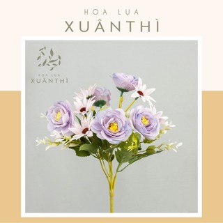 Cành hoa hồng nhí trang trí màu hồng, tím, xanh - Hoa giả hoa lụa Hà Nội Xuân Thì - 1 cành 10 bông - HL17