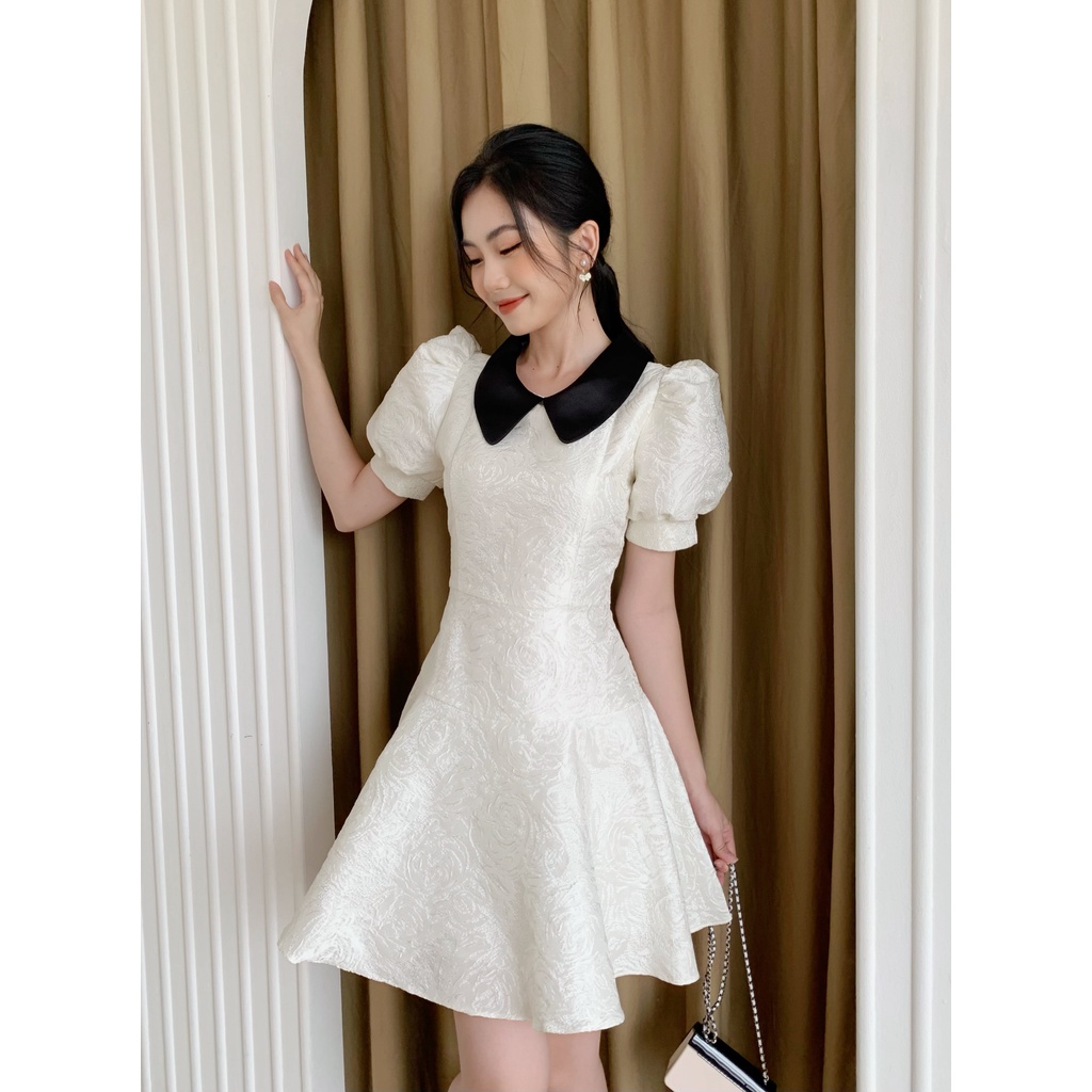 Váy gấm hoa hồng Chillgals tay bồng dáng xòe trắng VA-087