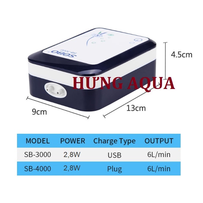 Sủi oxy, máy sủi oxy tích điện Sobo SB-3000 / SB-40000 2 vòi, chạy êm, bền bỉ kèm phụ kiện (hàng chính hãng)