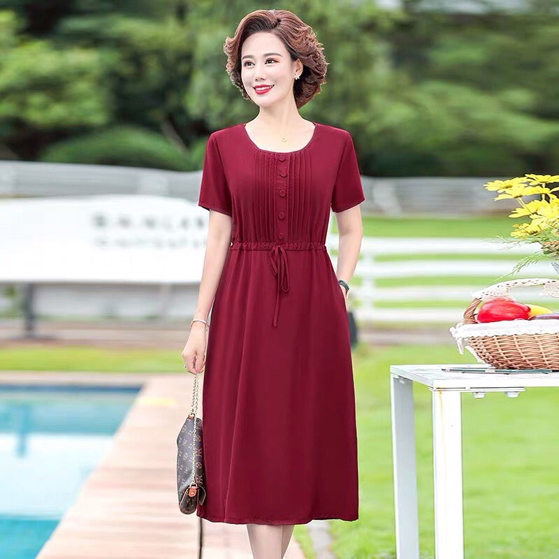 Đầm trung niên dự tiệc sang trọng , chất lụa voan mịn đẹp, ngắn tay , dài qua gối , chất liệu thoáng mát, mã 01649