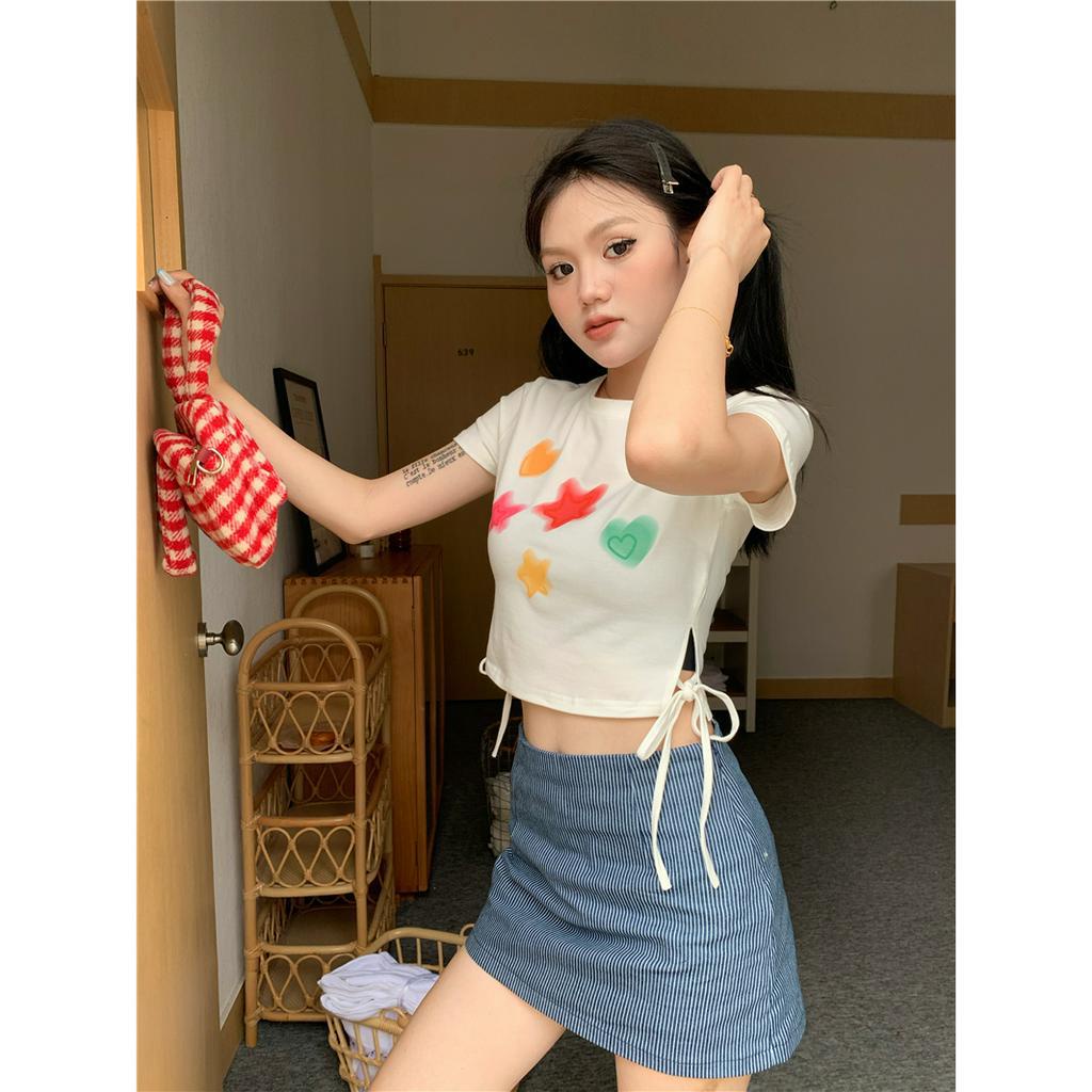 Áo Croptop Tay Ngắn In Hình Ngôi Sao Nhiều Màu Sắc Dễ Thương Cho Nữ