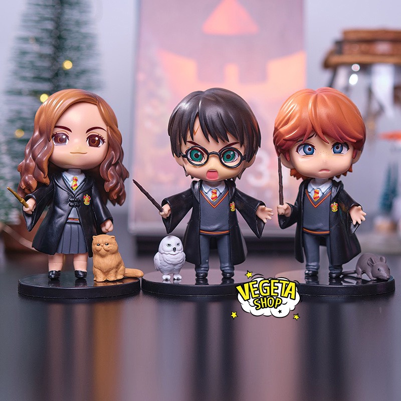 Mô hình Harry Potter - Set 3 Mô hình Harry Potter Hermione Granger Ron Weasley cùng vật nuôi Cú Mèo Chuột - Cao 10cm