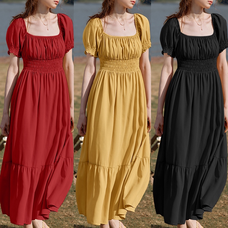 Đầm Zanzea cổ vuông tay phồng xếp nếp màu trơn thiết kế quý tộc cổ điển cho nữ