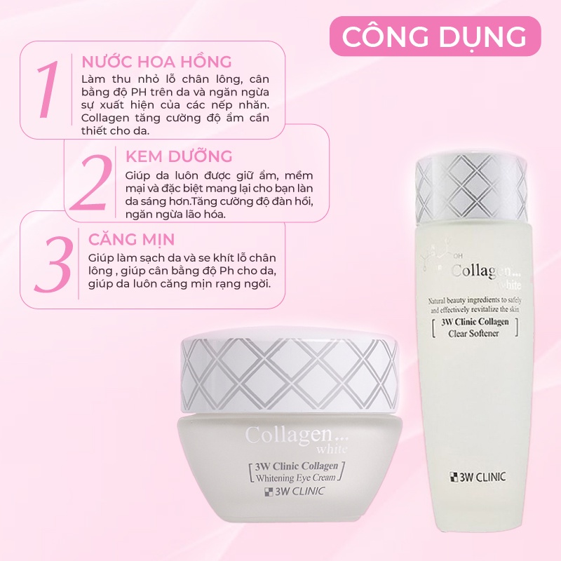 Bộ Skincare dưỡng trắng da dưỡng ẩm 3W Clinic Hàn Quốc  chiết xuất từ Collagen chống lão hóa