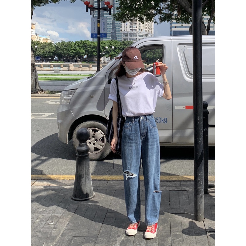 Quần Jean Lưng Cao Form Rộng Thiết Kế Xẻ Rách Cá Tính