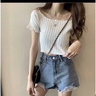 Áo len cộc tay croptop len đũa mỏng viền vắt sổ kiểu dáng trẻ trung phong cách Hàn Quốc