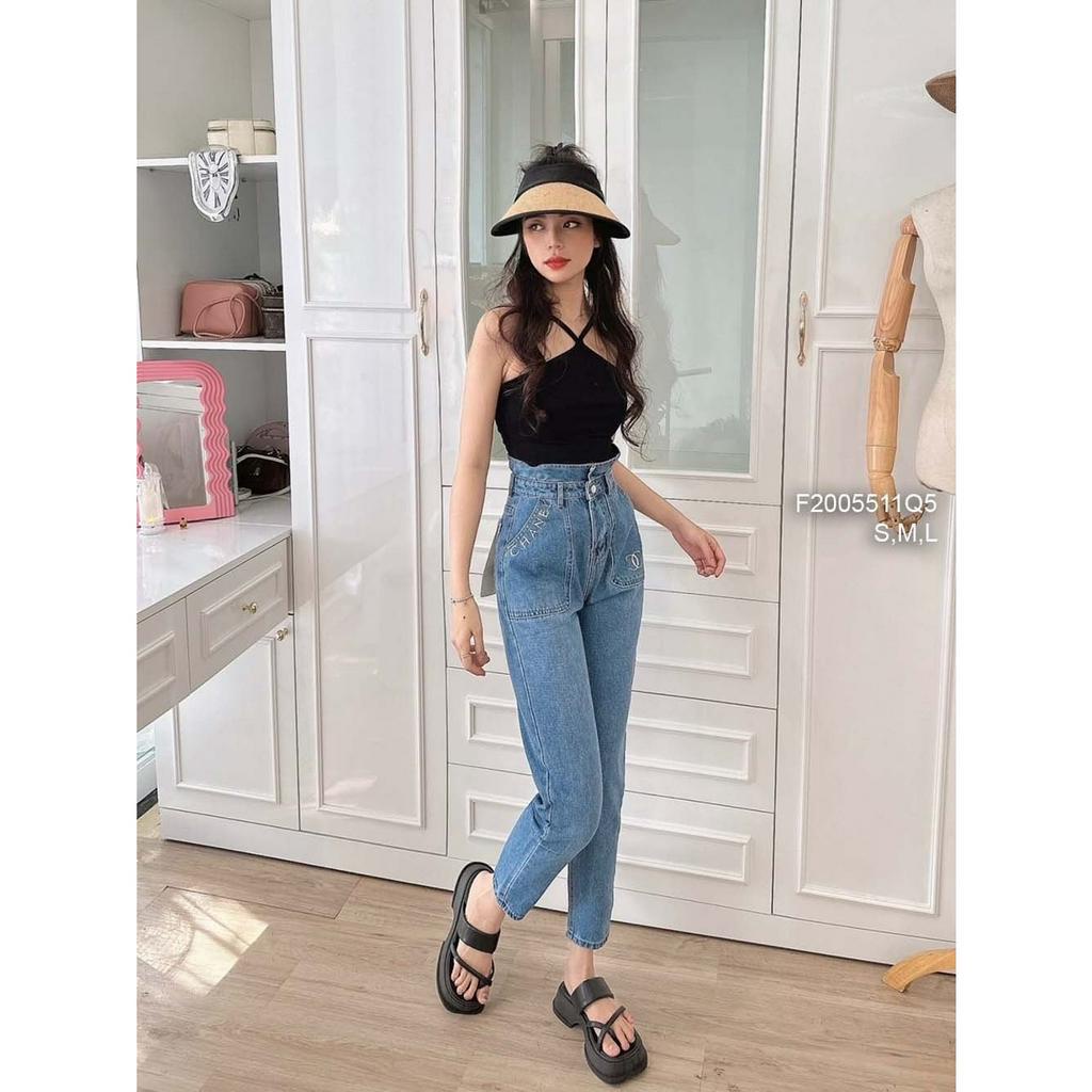 Quần jean baggy phối túi trước thêu logo CN lưng cao hàng đẹp!