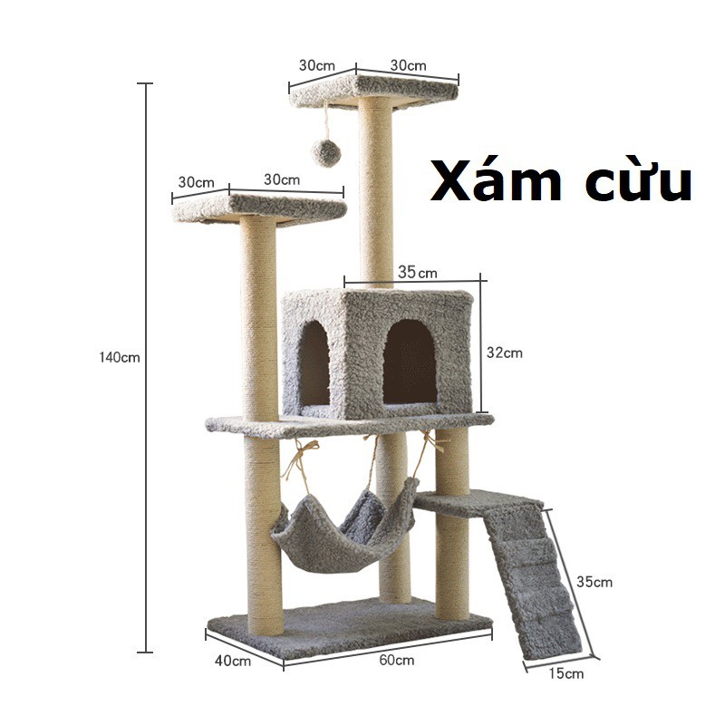 Doremiu- Trụ mèo leo trèo 3 tầng Nhà cây cho mèo cao 1,4m cat tree dụng cụ cào móng