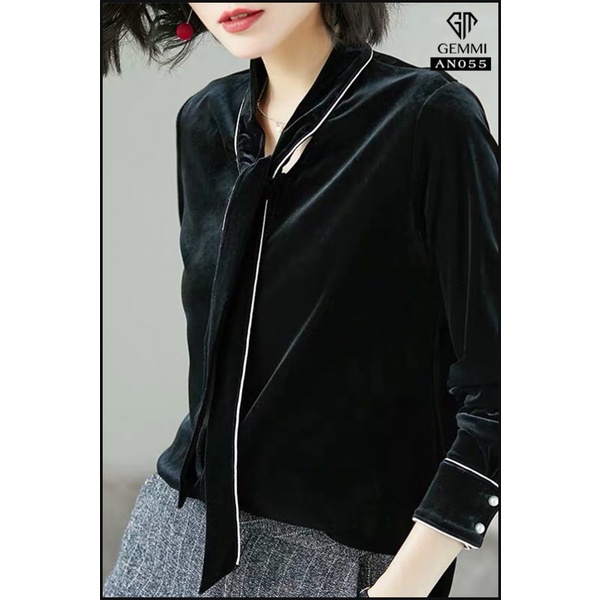 Áo sơ mi nữ nhung cao cấp thiết kế dài tay cổ vơ Gemmi fashion, AN055